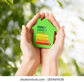 Energy Saving, Real Estate And Family Home Concept - Closeup Of Female Hands Holding Green Paper House With Energy Efficiency Rating