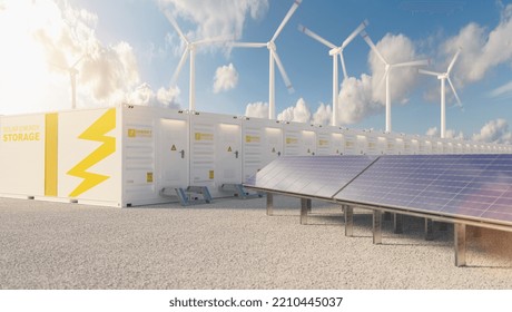 energy storage system. Renewable energy power plants - photovoltaics, wind turbine farm and battery containe. New Energy Concept image - Shutterstock ID 2210445037