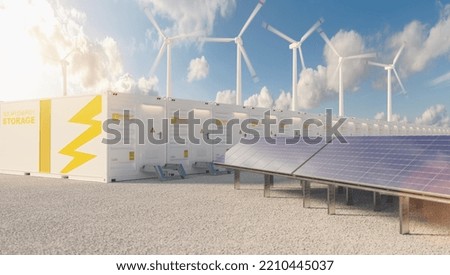 energy storage system. Renewable energy power plants - photovoltaics, wind turbine farm and battery containe. New Energy Concept image