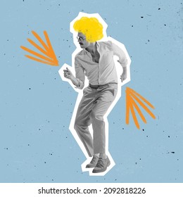 Energy. Stylish Man, Hipster Dressed In 70s, 80s Fashion Style Dancing Rock-and-roll On Bright Background With Drawings. Contemporary Art Collage. Minimalism. Art, Fashion And Music. Magazine Style