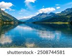 Engadine, Switzerland, Lake Sils Maria, the village of Isola, photographed in summer.
