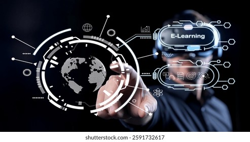 Engage in an immersive virtual reality e-learning experience showcasing interactive digital interfaces, data visualization, and modern education techniques for learners globally.