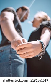 Engaged Couple Celebrating Romantic Marriage Proposal With Engagement Ring On Hand From Below Outside. Love, Bonding And Romance For Special Occasion, Devotion And Commitment In Relationship