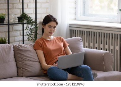 Engaged in online activity. Focused young female working from home sit on comfy sofa type message on laptop write email. Busy millennial woman freelancer study electronic documents confer in web app