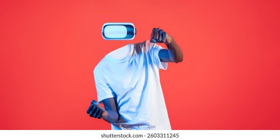 Engaged in a virtual reality experience, a user equipped with VR goggles interacts with a digital environment, showcasing the intrigue of modern technology and innovation.