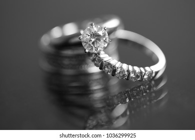 Engagement Rings In Platinum Setting.  Natural Light Macro Images.  1 Karat Diamond Engagement Ring.