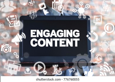 Engaging Content. Content Marketing Success, Marketing Mix, Social Media Sharing Concept. Businessman Offers Laptop With Engaging Content Text Icon On A Virtual Interface.