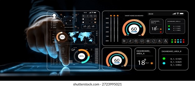 Engaging digital dashboard featuring interactive data analysis, geographic visuals, and user interface elements set against a sleek, modern technology backdrop.