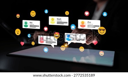 Engaging digital interaction on a tablet screen showcasing social media feedback, reactions, and user comments. A visual representation of modern communication dynamics. Ledger