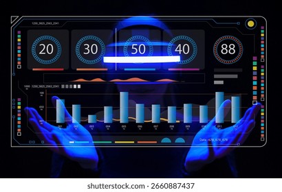 Engaging digital interface showcasing data visualization with charts and metrics. Ideal for technology presentations, business reports, or innovative analytics concepts.