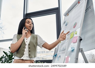 Engaging in discussion while explaining concepts on a presentation board.