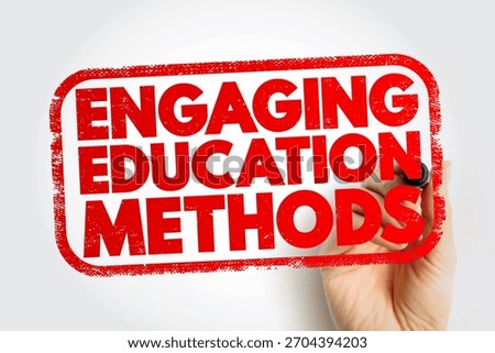 ENGAGING EDUCATION METHODS stamp with hand holding marker, creative teaching approach, learning improvement and classroom innovation