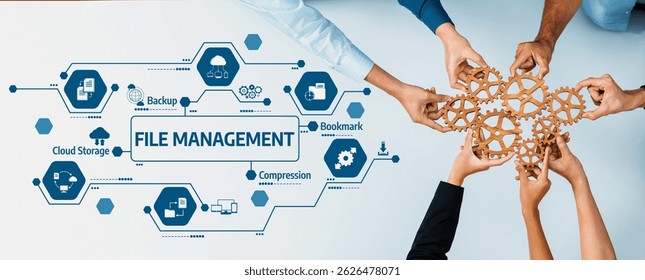 Engaging illustration showcasing collaborative file management through hands assembling gears and technology icons for cloud storage, backup, and compression processes. Amity