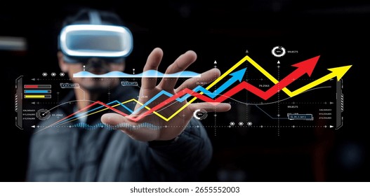Engaging image of a user in a VR headset interacting with vibrant data charts and analytics, showcasing the impact of technology on modern business and creativity.