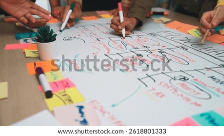 Engaging team planning session showcasing hands actively creating a flow chart with colorful sticky notes, emphasizing collaboration and strategic project management. SACTR