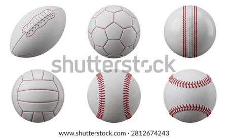 An engaging top-down view of six distinct athletic balls featuring an American football, soccer ball, volleyball, and three baseballs.
