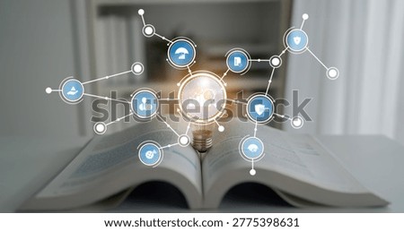An engaging visual of an open book with digital icons floating above, symbolizing the connection between knowledge and technology in the modern world. Crux