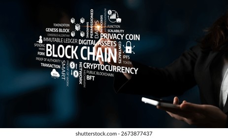 Engaging visual representation of blockchain technology featuring key terms like cryptocurrency, tokenization, and digital assets, illustrating innovation in finance. Tessel