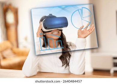 Engaging woman explores virtual reality in a modern living room while visualizing data analytics and growth charts