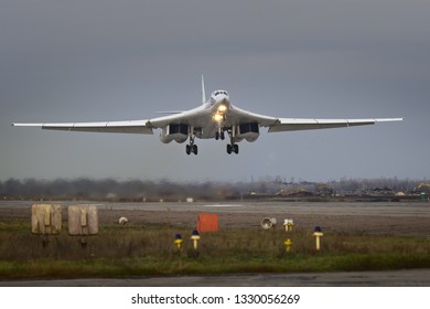 Engels, Saratov Region, Russia - November 08,2012: Routine busy day at the airbase. Flying of Tu-160 (a supersonic, variable-sweep wing heavy strategic bomber)