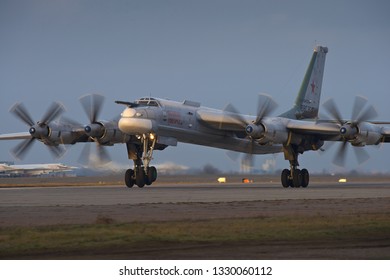 Engels, Saratov Region, Russia - November 08,2012: Routine busy day at the airbase. Flying of Tu-95 (is a large, four-engine turboprop-powered strategic bomber and missile platform)
