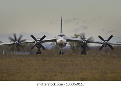 Engels, Saratov Region, Russia - November 08,2012: Routine busy day at the airbase. Flying of Tu-95 (is a large, four-engine turboprop-powered strategic bomber and missile platform)