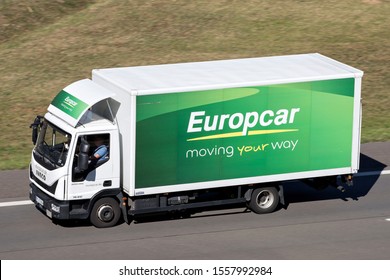ENGELSKIRCHEN, GERMANY - SEPTEMBER 21, 2019: Iveco Eurocargo of Europcar on motorway. Europcar Mobility Group is a French car rental company founded in 1949 in Paris.