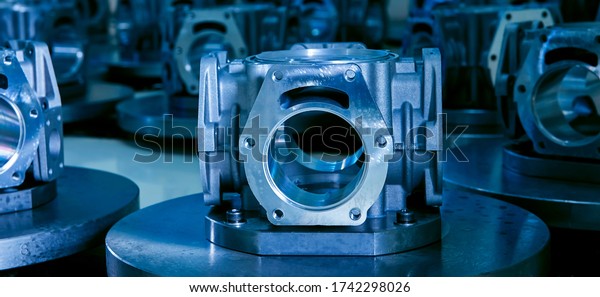 Engine\
block processed on the factory production\
line