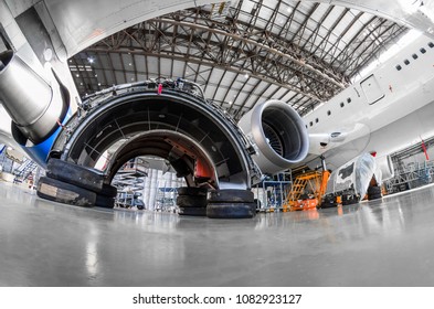 Engine Bonnet Cover During Aircraft Engine Repair In Hangar