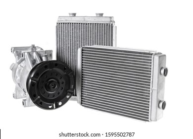 Engine cooling radiators and automotive air conditioning compressor - Shutterstock ID 1595502787