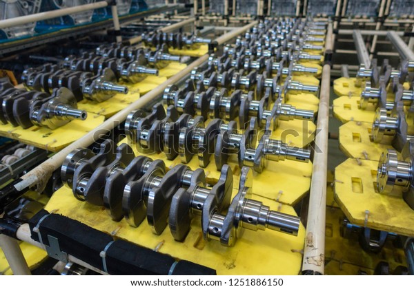 Engine crankshaft in factory,\
Crank shaft, Warehouse, Store, Automotive,Car\
production.