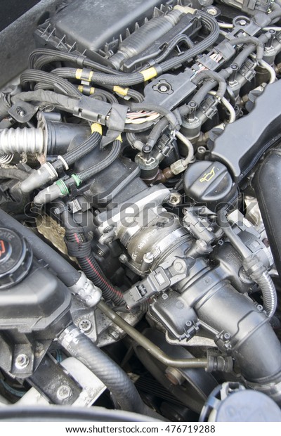 Engine details in perspective. Diesel engine.\
Motor truck background
