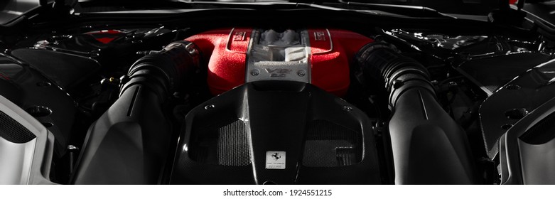 Engine of Ferrari 812 Superfast - V12, 6,5L, 800 HP, 718 NM, naturally aspirated engine. Poznan, Poland- 04.06.2017