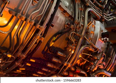 Engine Of Fighter Jet With Hydraulic, Fuel Pipes And Other Equipment, Army Aviation, Military Aircraft And Aerospace Industry, Selective Focus