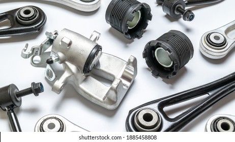 Engine gears. Auto motor mechanic spare or automotive piece on white background. Set of new metal car part. Technology of mechanical gear