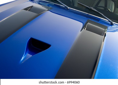 Engine Hood On Blue Custom American Muscle Car