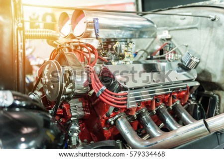 Engine of a hot rod in the sunlight