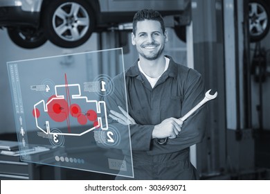 Engine interface against mechanic smiling at the camera