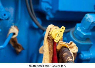 An Engine Lube Oil Inlet Valve Of The Heavy Water Pumping Machine. Industrial Equipment Object Photo, Selective Focus. 