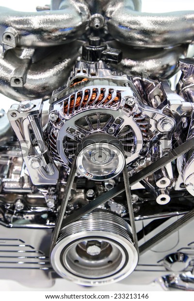 Engine with metal and chrome parts of the\
automobile motor