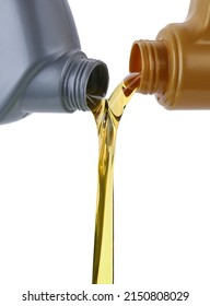 Engine Motor Oil Pouring From A Plastic Container, Isolated On A White Background