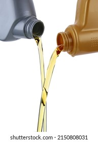 Engine Motor Oil Pouring From A Plastic Container, Isolated On A White Background