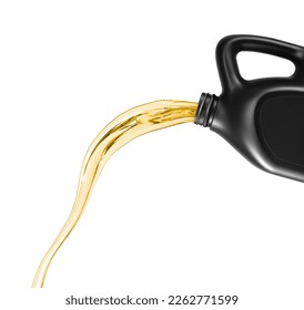Engine oil pouring from canister, isolated on white