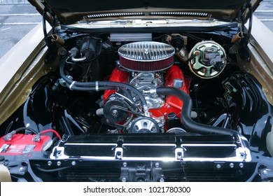 The Engine Of The Old Car, The Bonnet Is Open