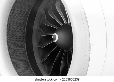 Engine of passenger airplane, Turbofan engine turbojet of aircraft, Blades of the turbofan engine of the airplane.