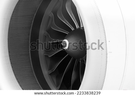 Engine of passenger airplane, Turbofan engine turbojet of aircraft, Blades of the turbofan engine of the airplane.