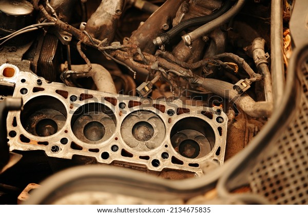 Engine repair. cylinder head gasket
replacement in the workshop . Maintenance repair at car service
station for diagnosis. High quality
photo