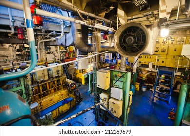 Engine Room On A Cargo Boat Ship