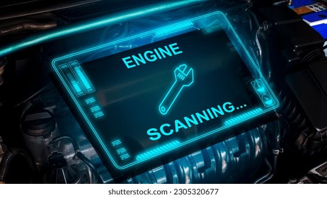 Engine scanning interface display on the car engine compartment, Automotive maintenance service concept
