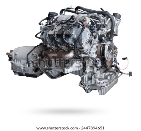 engine with six or eight cylinders made of aluminum and metal during repair or replacement on a guarantee on a white isolated background.